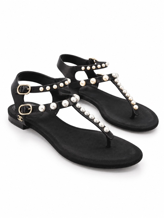 CHANEL Shoes - CHANEL Black Leather Pearl T-Strap Flat Thong Sandals 41